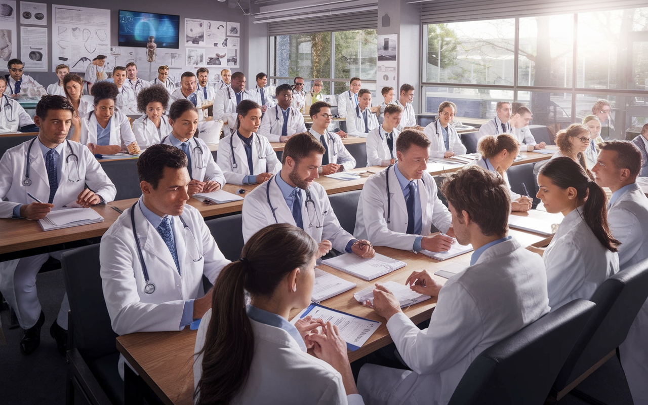 A bustling academic medical center with diverse medical professionals in white coats, actively engaged in discussions and collaborations in a vibrant, well-lit auditorium. Students are attentive, with papers and digital devices in hand, showing the dynamic nature of medical education. Large windows let in natural light, symbolizing enlightenment and growth in the field. The setting is filled with medical posters and models, enhancing the educational ambiance.