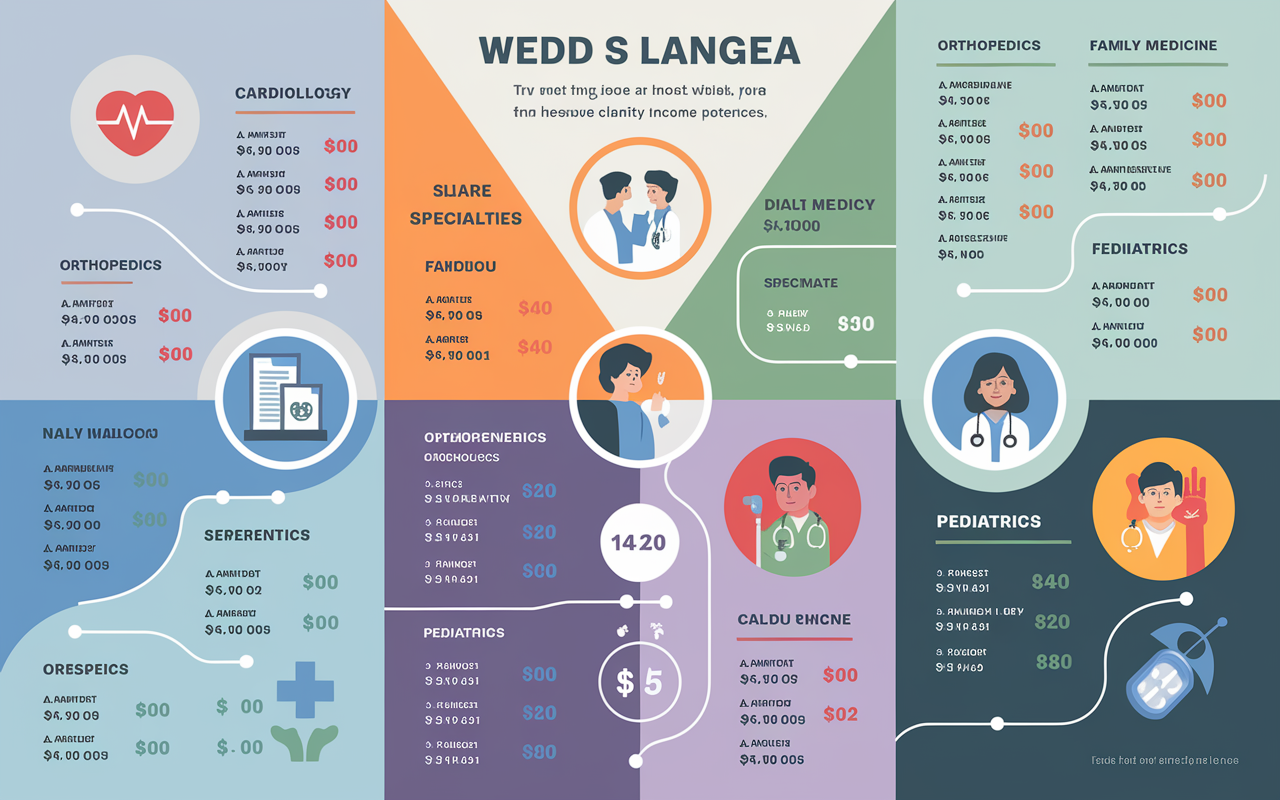 An infographic depicting various medical specialties with corresponding average salary ranges, illustrated with icons representing each specialty. The design is clean and colorful, including specialties like cardiology, orthopedics, family medicine, and pediatrics. The backgrounds are styled with a light gradient to enhance clarity and visual impact, emphasizing the differences in income potential. An analytical and informative atmosphere is conveyed through the use of charts.