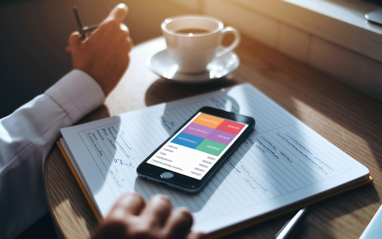 A close-up shot of a smartphone displaying a budgeting app interface with colorful categories for expenses, next to a notepad filled with handwritten notes and financial figures. The scene is cozy, set on a kitchen table with warm lighting creating an inviting atmosphere. A coffee cup is placed beside the phone, adding to the sense of early morning planning. Elements of a busy lifestyle are subtly shown, suggesting a physician balancing work and financial management.