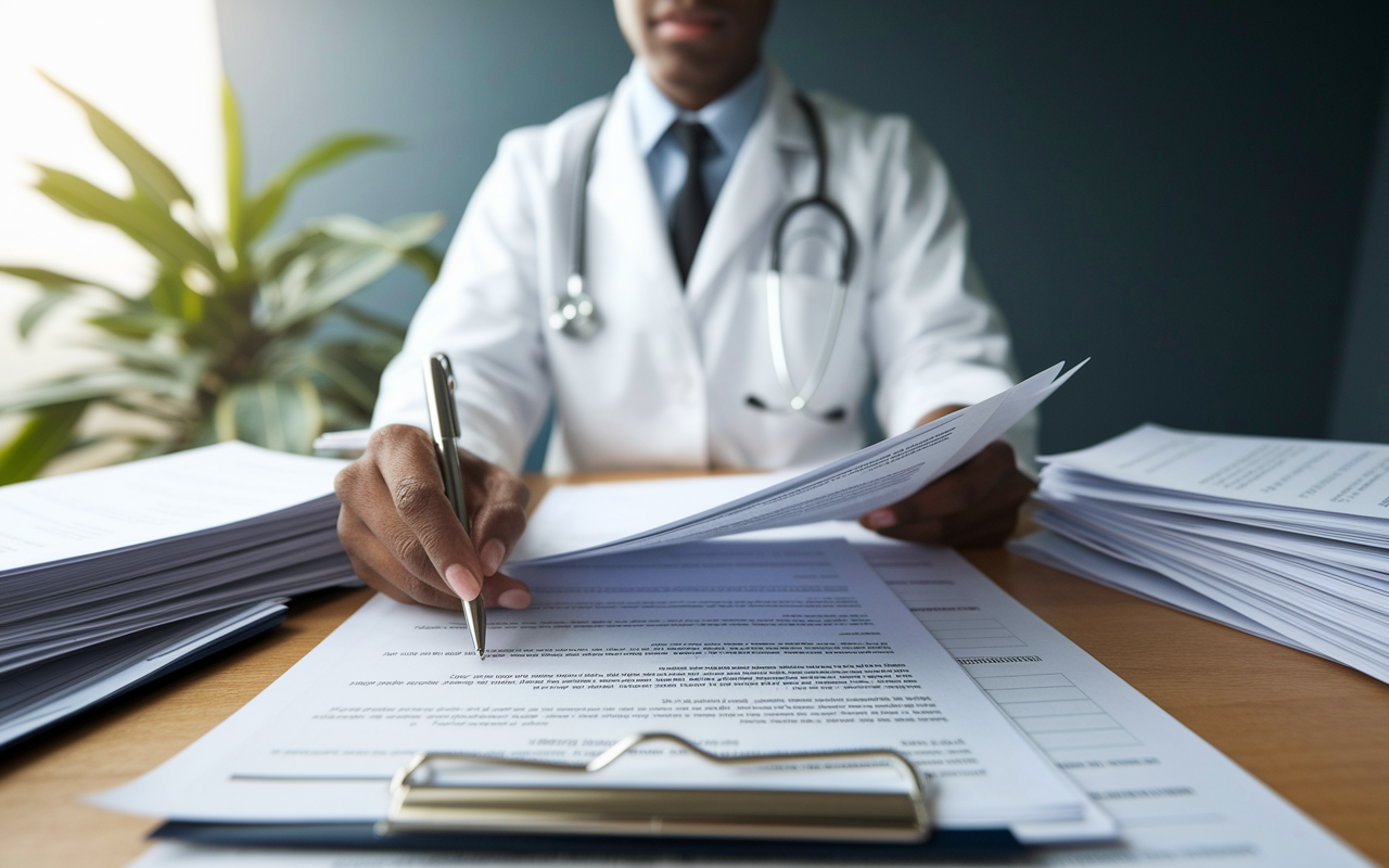 A physician sitting at a desk, surrounded by stacks of financial statements, with a look of determination on their face as they review their student loan documents. Papers are scattered across a wooden desk with a plant in the background adding a touch of green. The lighting is bright, focusing on the document in hand, emphasizing the importance of financial literacy for newly graduated physicians navigating their loans.