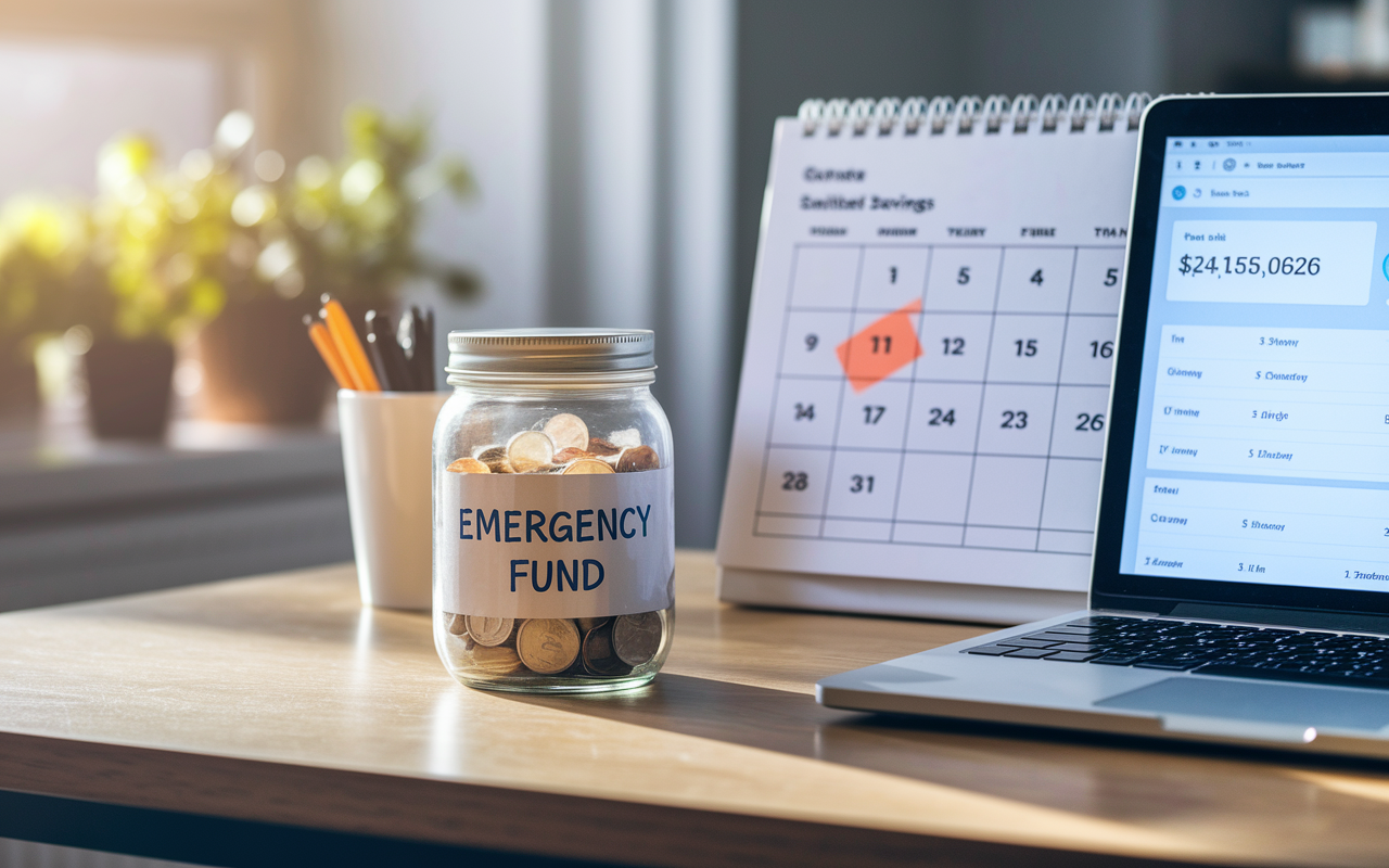 A serene scene of a tranquil home office, showcasing a savings jar labeled 'Emergency Fund' on a wooden desk next to a laptop displaying a high-yield savings account dashboard. In the background, a calendar shows marked dates for savings goals, with a soft glow of afternoon sunlight streaming in. The atmosphere is calm, encouraging the importance of preparing for financial uncertainties.