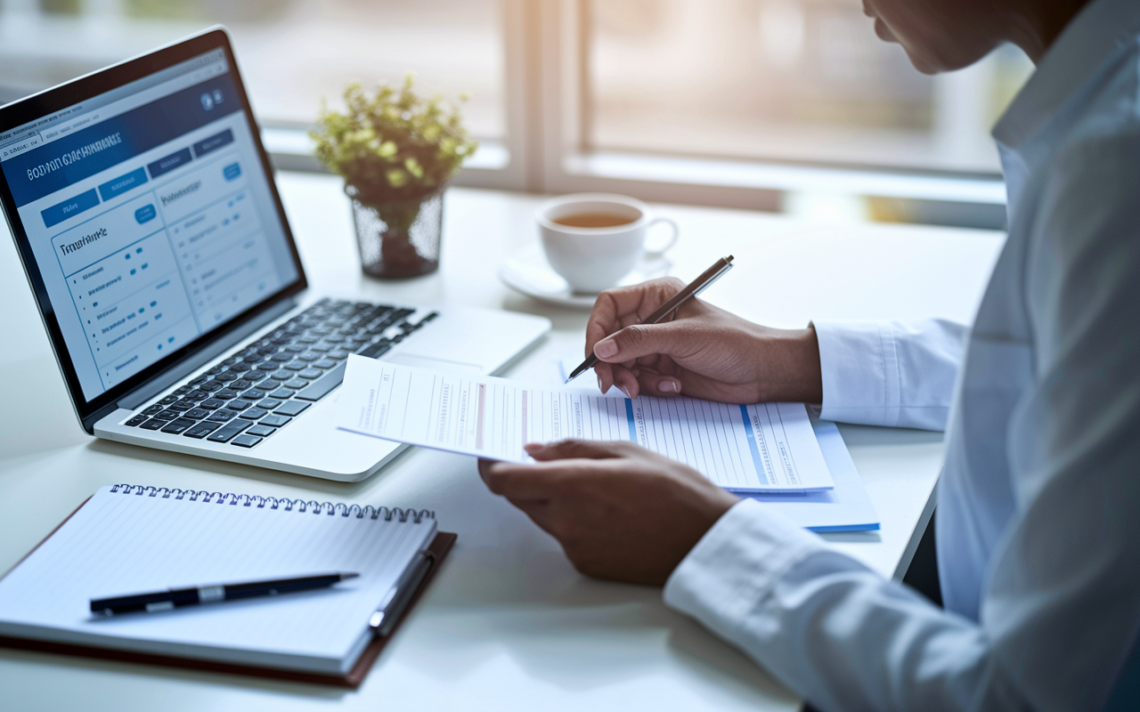 A medical professional thoughtfully reviewing insurance policy documents at an office desk, with a laptop open to comparison websites showing different insurance plans. A notepad filled with notes is placed beside a cup of tea, exuding a sense of diligence and attention to detail in financial planning. The lighting is bright and focused, symbolizing clarity and preparation.