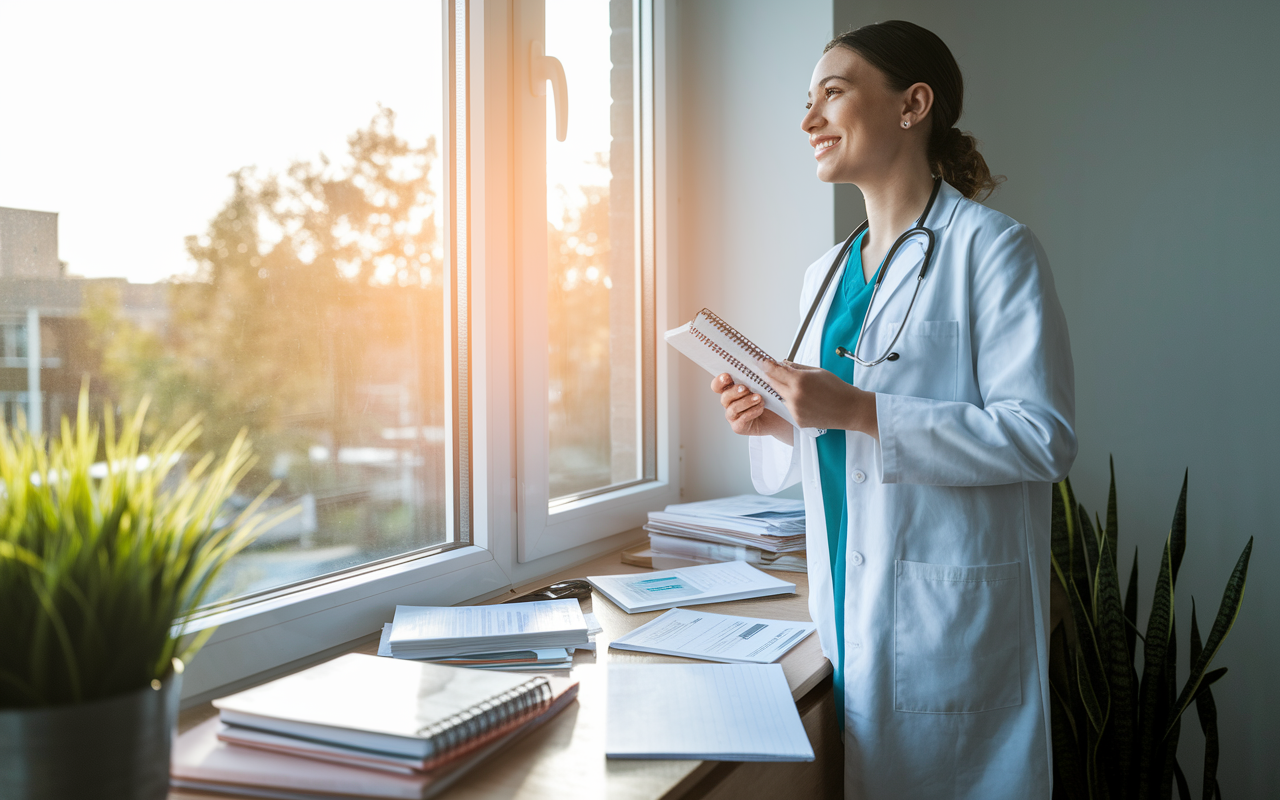 An inspirational scene of a young physician standing by a sunny window in their home office, looking out with a hopeful expression while holding a budgeting planner. Papers and books about financial planning are scattered on the desk, a plant in the corner adds a fresh touch. Soft sunlight fills the room, embodying the promise of a bright future ahead as they take charge of their financial journey.