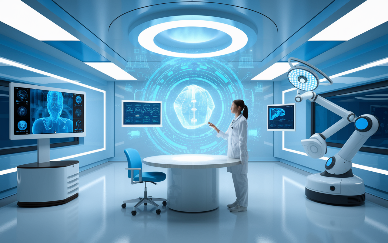 A futuristic medical workspace showcases advanced technology with a physician interacting with a virtual health assistant on a holographic display, telehealth consultations in progress on nearby screens, and robotic surgical equipment. The room is bright and sleek, filled with digital interfaces and charts. The atmosphere conveys innovation and the transition into a tech-savvy era of healthcare delivery.