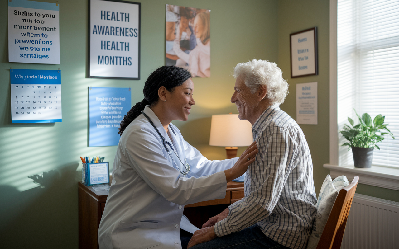 A scene depicting a compassionate primary care physician examining an elderly patient in a cozy office setting. The walls are adorned with motivational health posters, and a calendar highlights important health awareness months. Soft natural light streams through the window, creating a warm, inviting atmosphere that emphasizes a focus on preventive care and chronic disease management.