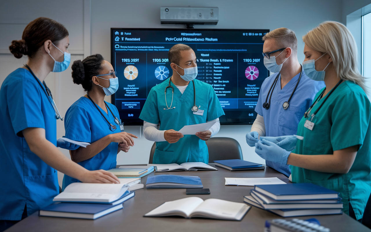 A group of healthcare professionals in diverse scrubs discussing strategies in a hospital conference room, post-COVID pandemic. They are analyzing data on a large screen showing infection rates and discussing safety protocols. The room is filled with medical journals and technology, reflecting a committed approach to ongoing learning and adaptation in the healthcare field.