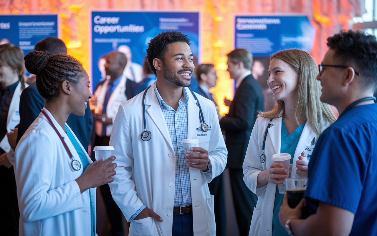 A vibrant networking event for new physicians, featuring young doctors and established healthcare professionals engaged in conversation. The ambiance is electric with enthusiasm, and informational posters on career opportunities fill the background. Warm lighting, friendly expressions, and a sense of camaraderie define the scene, showcasing the importance of connections in healthcare.