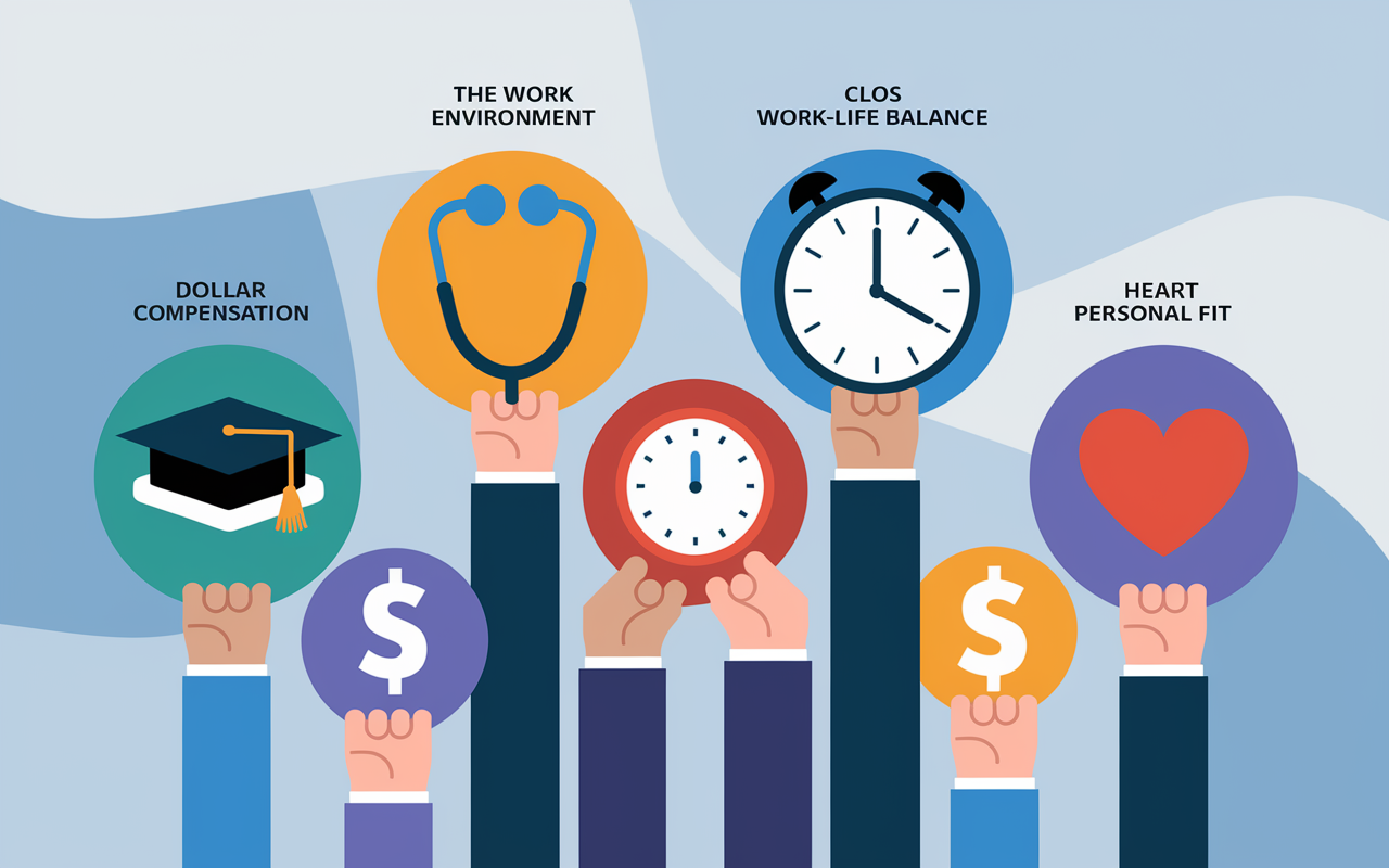 A visually engaging infographic depicting various elements of job satisfaction with vibrant icons: a stethoscope for the work environment, a clock for work-life balance, a graduation cap for professional development, a dollar sign for compensation, and a heart for personal fit. The background is a soft gradient of blue and white, evoking a sense of calm and professionalism.