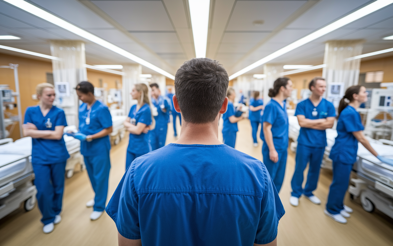 A newly graduated physician observing a bustling hospital environment during a shadowing opportunity. The scene captures various medical professionals in scrubs interacting in a collaborative manner, with a focus on teamwork. Bright overhead lights create a warm atmosphere, and the layout shows modern equipment and patient rooms, emphasizing a contemporary healthcare setting.