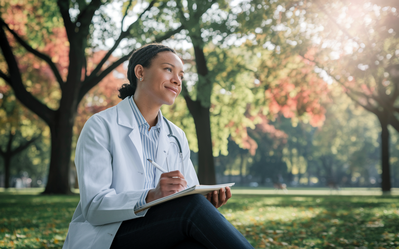 A thoughtful physician sitting in a serene park, reflecting on their career choices while holding a notepad and pen. Trees with colorful autumn leaves provide a backdrop of calmness. The physician appears content, portraying a sense of fulfillment in their journey ahead, with a gentle sunlight filtering through the branches, creating a tranquil atmosphere that symbolizes clarity and introspection.