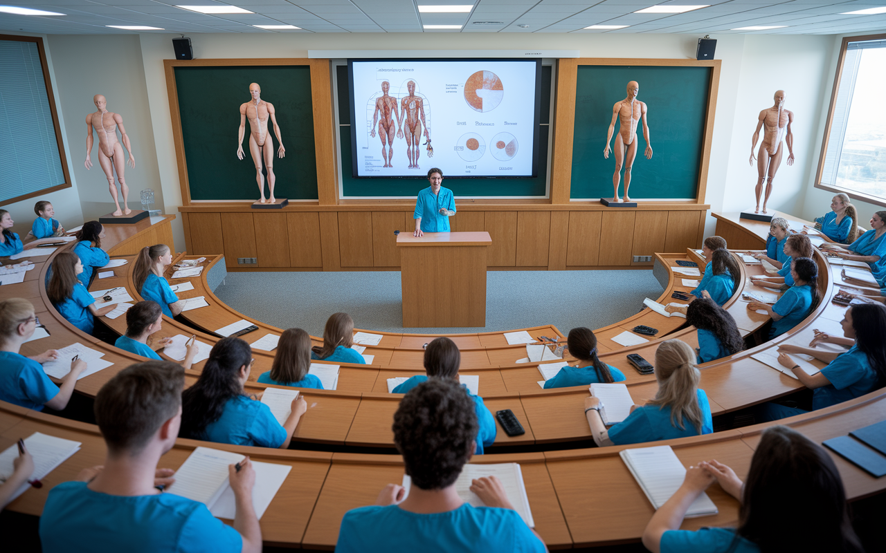 An immersive view inside a university lecture hall where a medical professor stands at a podium, passionately teaching. The room is filled with engaged medical students, all in scrubs, taking notes. On the walls, anatomical models and a large screen displaying complex diagrams. The atmosphere is bright and intellectual, suggesting collaboration and innovation through education.