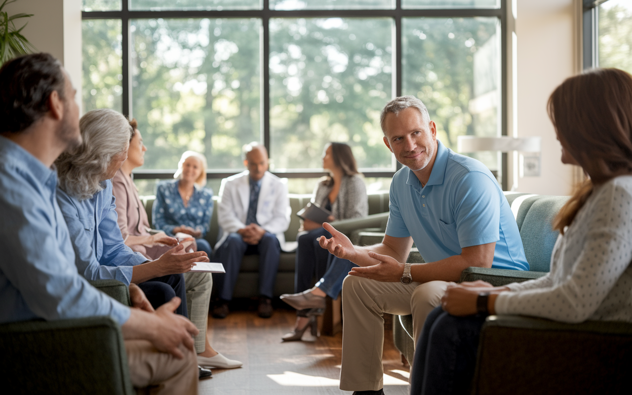 An inviting private practice waiting room filled with patients and families. A friendly physician in a polo shirt is seen attentively conversing with a patient, with medical charts on the desk and a comfortable ambiance. Natural light pours in through large windows, highlighting the personalized care and community feel of private practice. The scene conveys warmth and direct patient interaction.