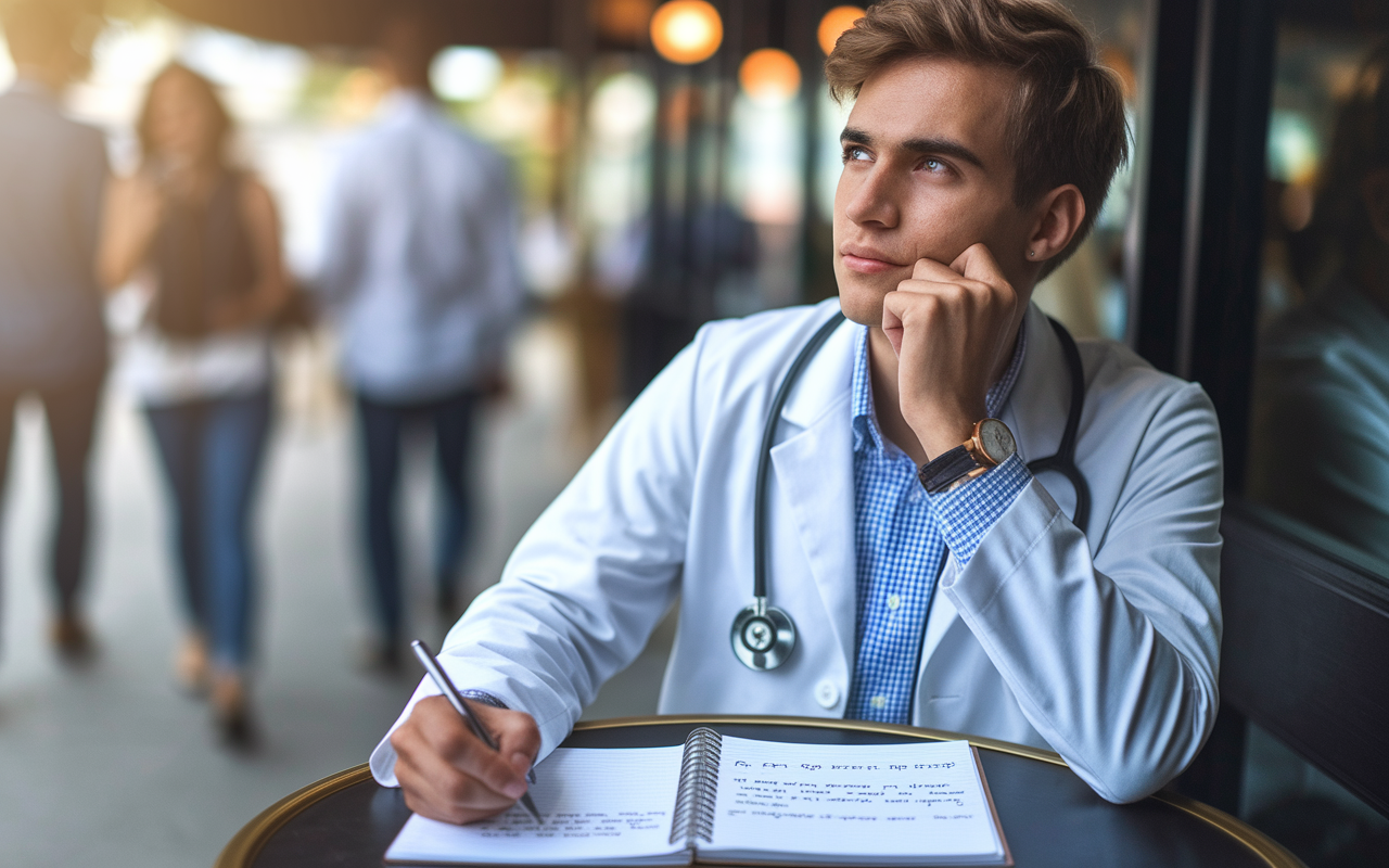 A thoughtful young doctor is seated at a café table, deep in contemplation. They have a notebook open, filled with notes about academic medicine and private practice pros and cons. The background features a blurred view of people walking by, capturing a moment of personal insight and decision-making. Warm, natural lighting illuminates their face, reflecting both hope and uncertainty about the future.