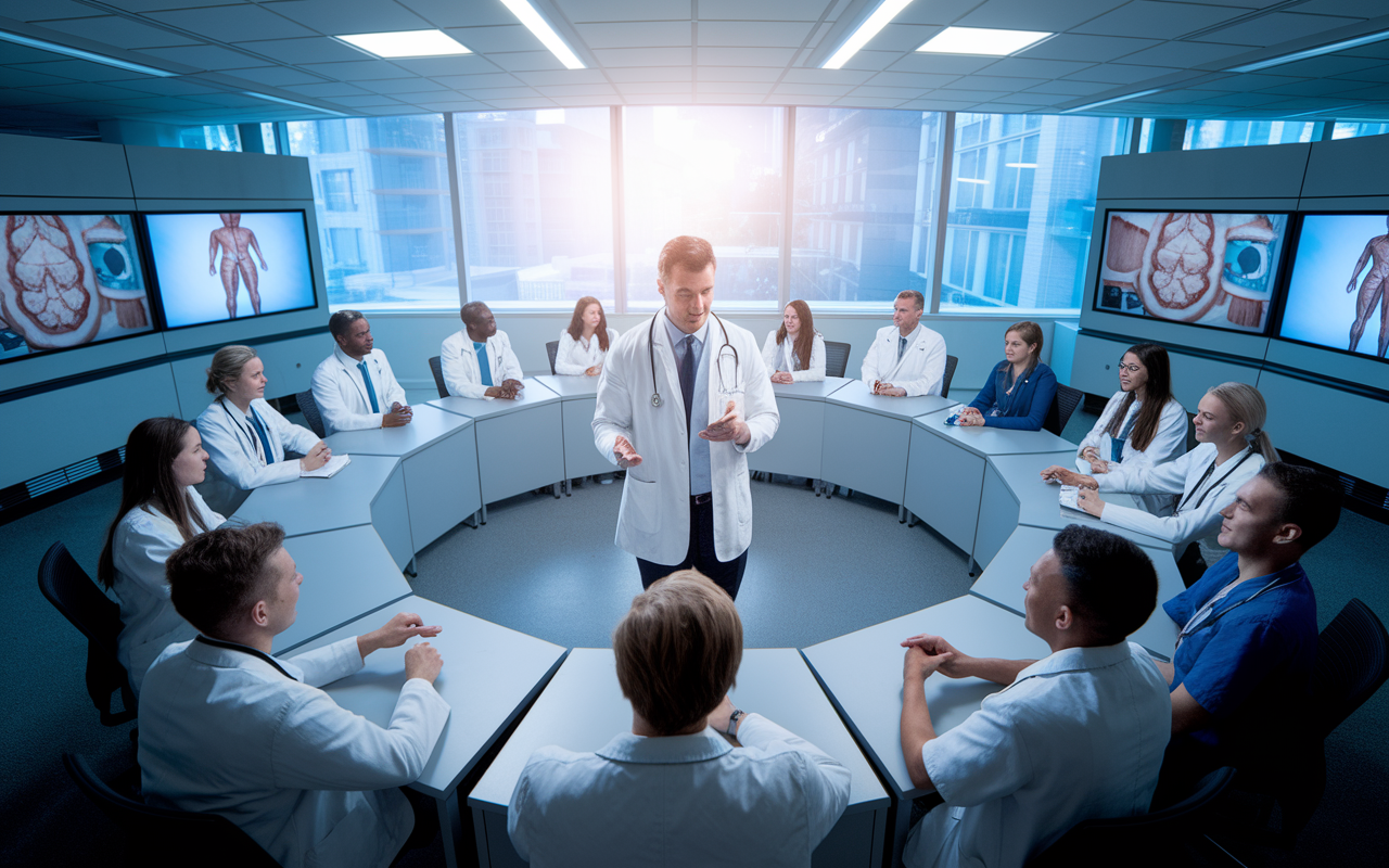 A centered scene in a modern medical classroom where a passionate academic physician in a white coat is engaged in teaching a diverse group of medical students seated at a semicircle of desks. The room is equipped with high-tech equipment, including digital screens displaying anatomical models. Light filters through large windows, illuminating the enthusiasm and focus on students' faces as they engage in a lively discussion.