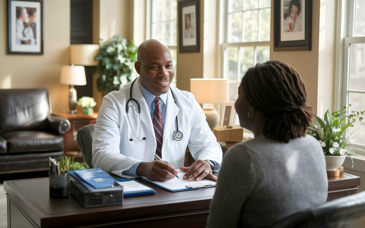 A confident physician in professional attire consulting with a patient in a warm, inviting private practice office. The office is tastefully decorated, featuring comfortable furniture and family photos. Natural light pours through large windows, enhancing the sense of care and engagement as the physician attentively listens and writes notes, exemplifying a trusting doctor-patient relationship.