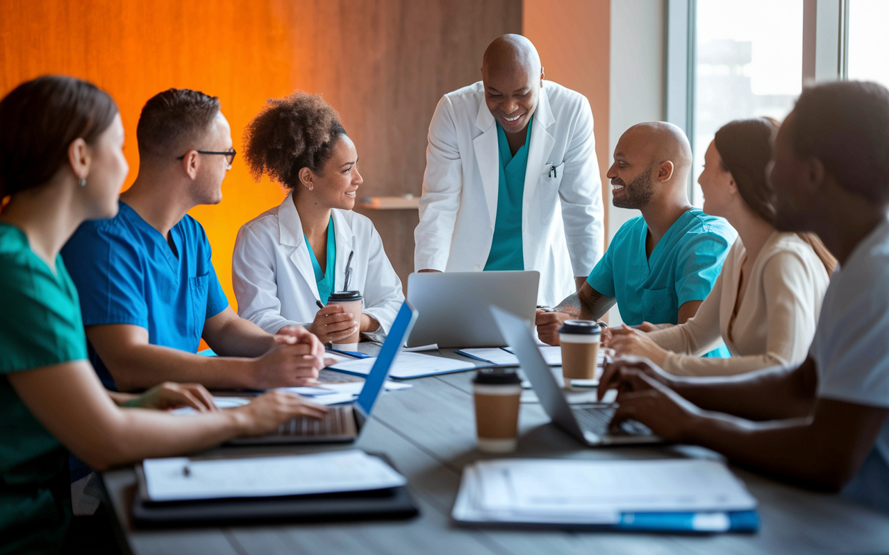 A thoughtful group of diverse medical professionals in casual attire gathered around a modern conference table filled with laptops, reports, and coffee cups. The atmosphere is collaborative and friendly, with one physician passionately presenting their ideas on a laptop screen while others actively engage in discussion, showcasing camaraderie in navigating their career paths post-residency. Warm ambient lighting enhances the inviting environment.