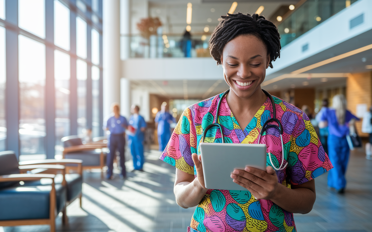 A cheerful healthcare professional in colorful scrubs, standing in a vibrant hospital lobby while reviewing a flexible work schedule on a tablet. The background is busy with patients and staff, illustrating various healthcare settings. Sunlight shines through large windows, creating a warm and inviting atmosphere. The professional has a confident smile, symbolizing empowerment and choice in their career.