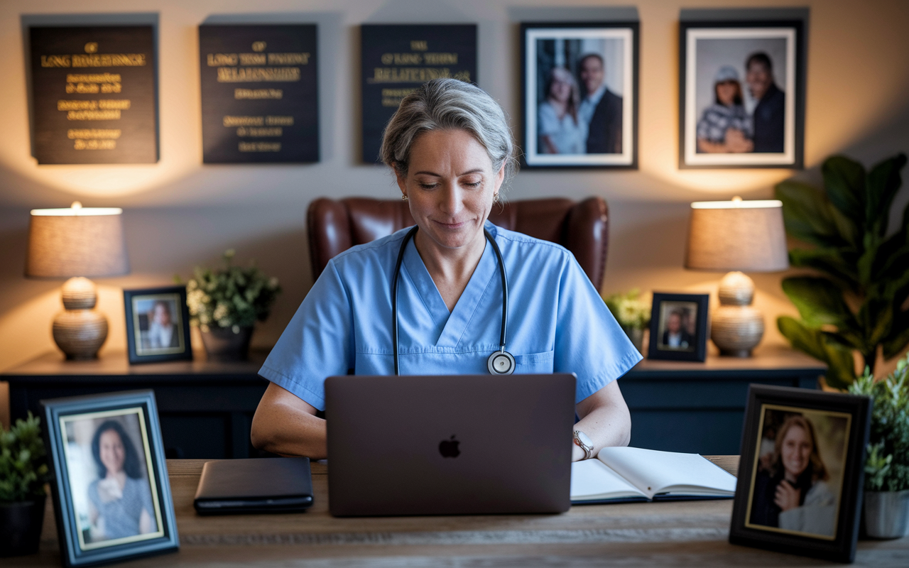 A healthcare professional sitting at a desk in their cozy office, surrounded by accolades and pictures of long-term patient relationships. The professional is reviewing a solid benefits package on their laptop, with a calm expression. The environment is lit with warm, soft lighting, conveying a sense of security and belonging. Family photos on the desk symbolize the connections built over time.