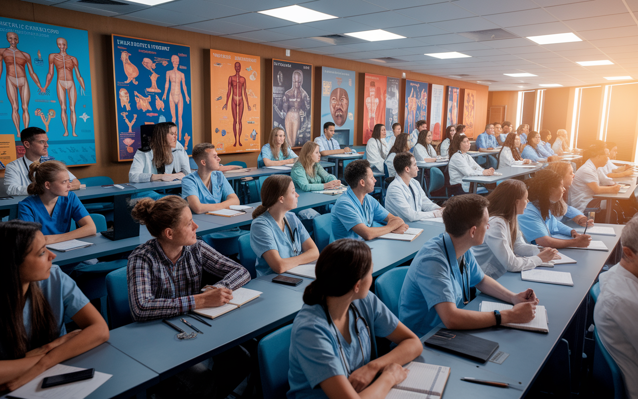 A busy academic medicine lecture hall filled with medical students attentively listening to a knowledgeable professor. The room is filled with anatomical models and medical posters on the walls, decorated with vibrant colors that represent the vitality of learning. The professor is animated and passionate, with students taking notes. Warm natural light filters in through large windows, creating a motivational atmosphere.