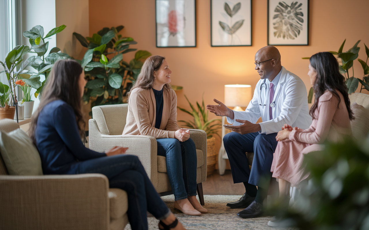 A warm, inviting private practice waiting room filled with patients. Dr. John, a family physician, is warmly interacting with a patient, discussing health concerns with genuine care. The setting is cozy, with comfortable seating, plants, and calming artwork. Soft, ambient lighting enhances the personal connection and relaxed atmosphere, reflecting the fulfilling joy of direct patient interaction.