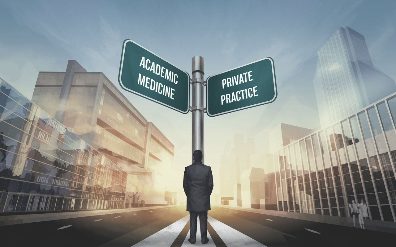 An artistic visual representation of a physician at a crossroads, weighing the paths of academic and private medicine. The scene is depicted as a majestic intersection with signs indicating 'Academic Medicine' and 'Private Practice'. The background features blended imagery of a bustling hospital and a peaceful private clinic, symbolizing the diverse career choices. The sky is painted with a gradient of dawn, suggesting new beginnings and opportunities.