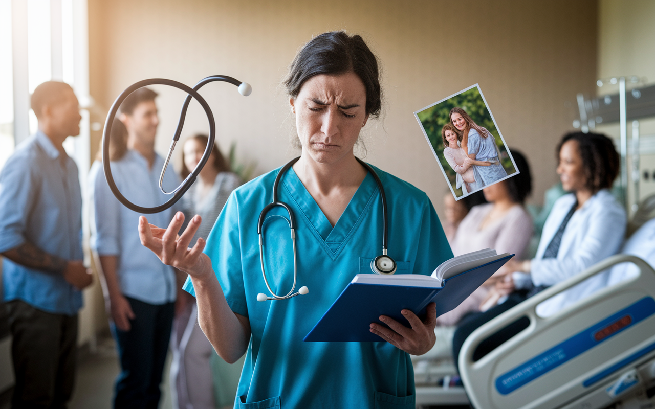 A poignant scene of a physician in scrubs, juggling a stethoscope, a medical textbook, and a family photo. In the background, a hospital room softly illuminated by natural light, filled with cheerful family members visiting a patient. The physician shows stress and determination on their face, reflecting the emotional toll and dedication to balancing career and family life.