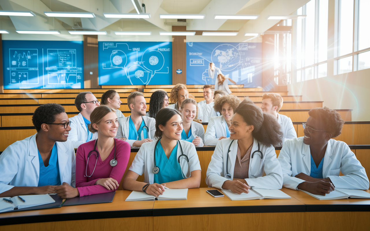 A vibrant university medical school environment, showing a diverse group of medical students engaging in a lively discussion with a professor in a lecture hall. The walls are adorned with medical charts and innovations in research. Bright sunlight streams through the windows, creating an engaging and encouraging atmosphere that embodies the spirit of academic growth and learning.