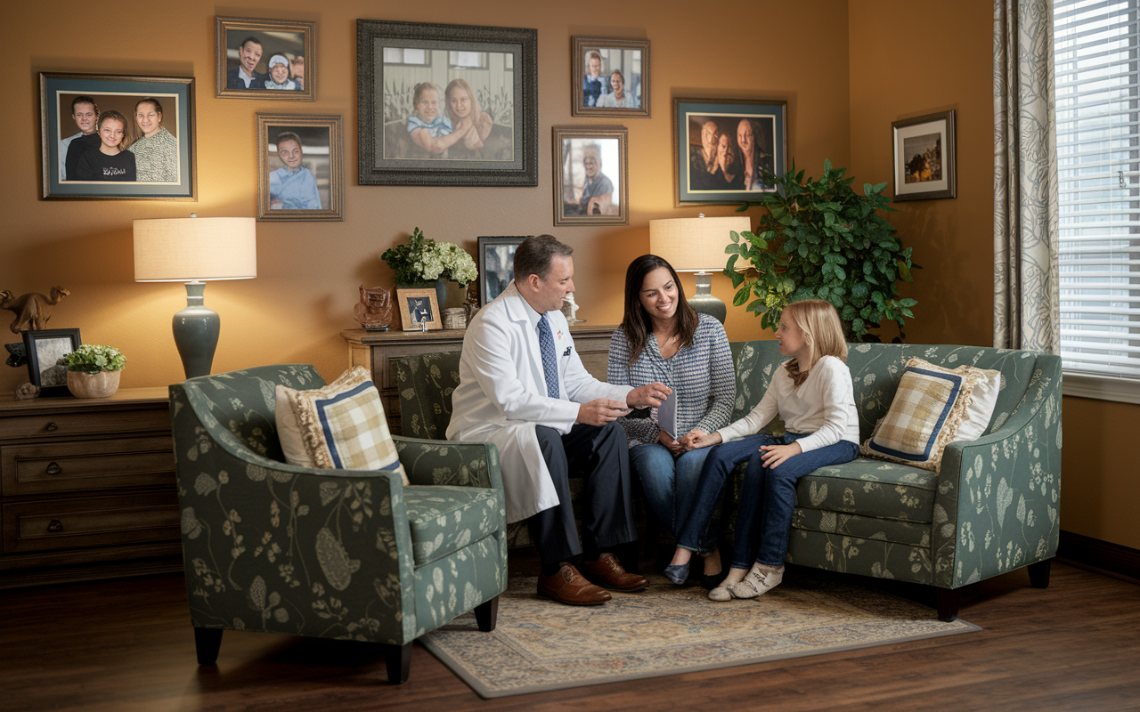 A warm, inviting private practice doctor's office decorated with family photos and comforting decor. The physician is seen consulting with a family, illustrating a personal touch in patient care. Soft lighting enhances the cozy atmosphere while showcasing the balance of professional and personal relationships, emphasizing the unique characteristics of private practice.