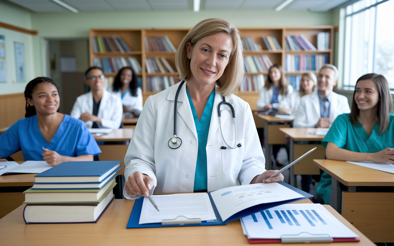 A middle-aged female physician, Dr. Sarah, in a university hospital setting, balancing a teaching role, reviewing research documents on her desk while interacting with medical students in a classroom full of bright, engaging students. The room is vibrant and academic, with charts and books around her, embodying her commitment to family-friendly academic policies, while a family photo on her desk symbolizes her dedication to family life.