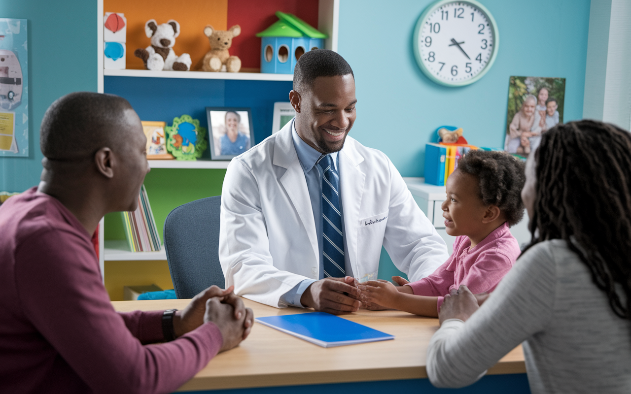 A dynamic scene depicting Dr. John, a solo pediatrician, engaging warmly with a young patient and their parents in a cheerful, colorful office filled with toys and educational materials. The doctor is attentive and friendly, reflecting the personal connection of private practice while glancing at a clock showing the late afternoon hour, subtly hinting at the long hours he sometimes works, with family pictures on his desk illustrating his family-oriented priorities.