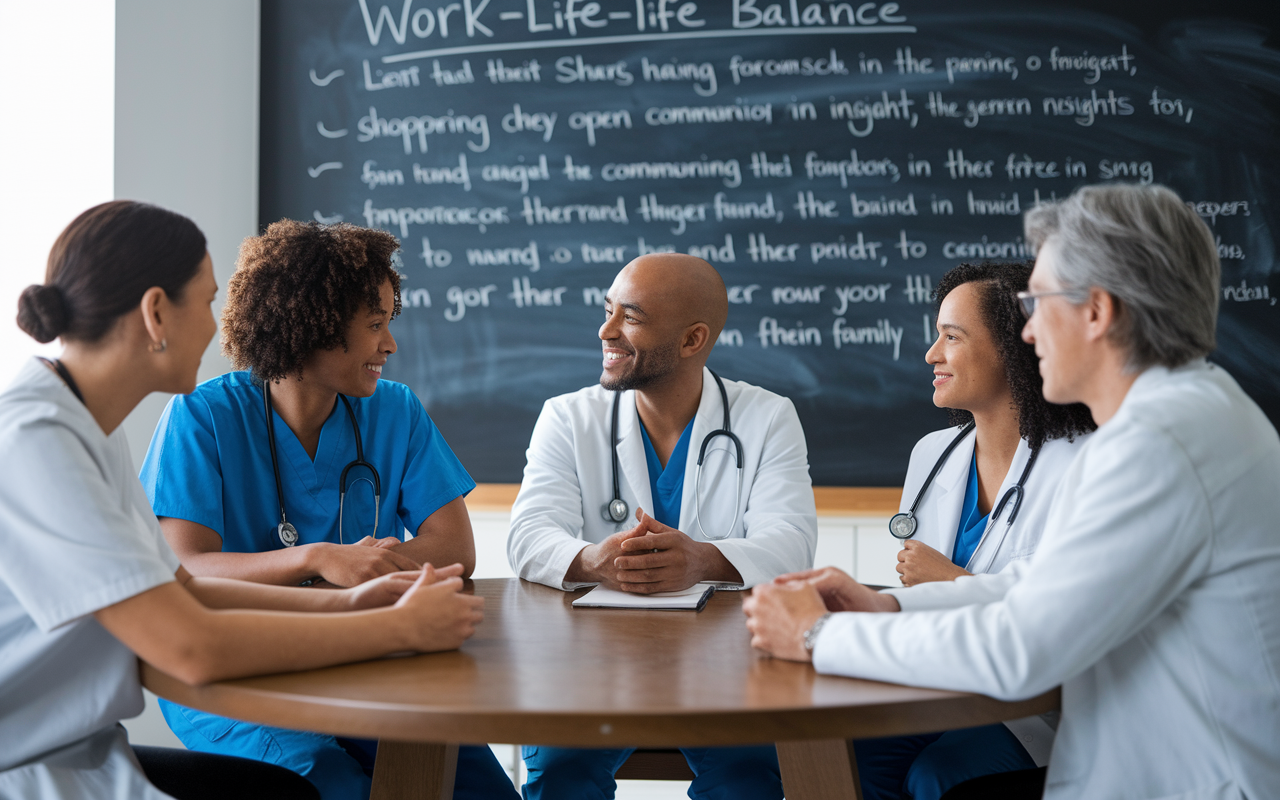 A serene and informative scene with a group of physicians gathered around a round table, engaged in a discussion about work-life balance, featuring a chalkboard with key points from the article visible in the background. The atmosphere conveys support, sharing of insights, and the importance of open communication as they navigate their medical careers alongside family life.