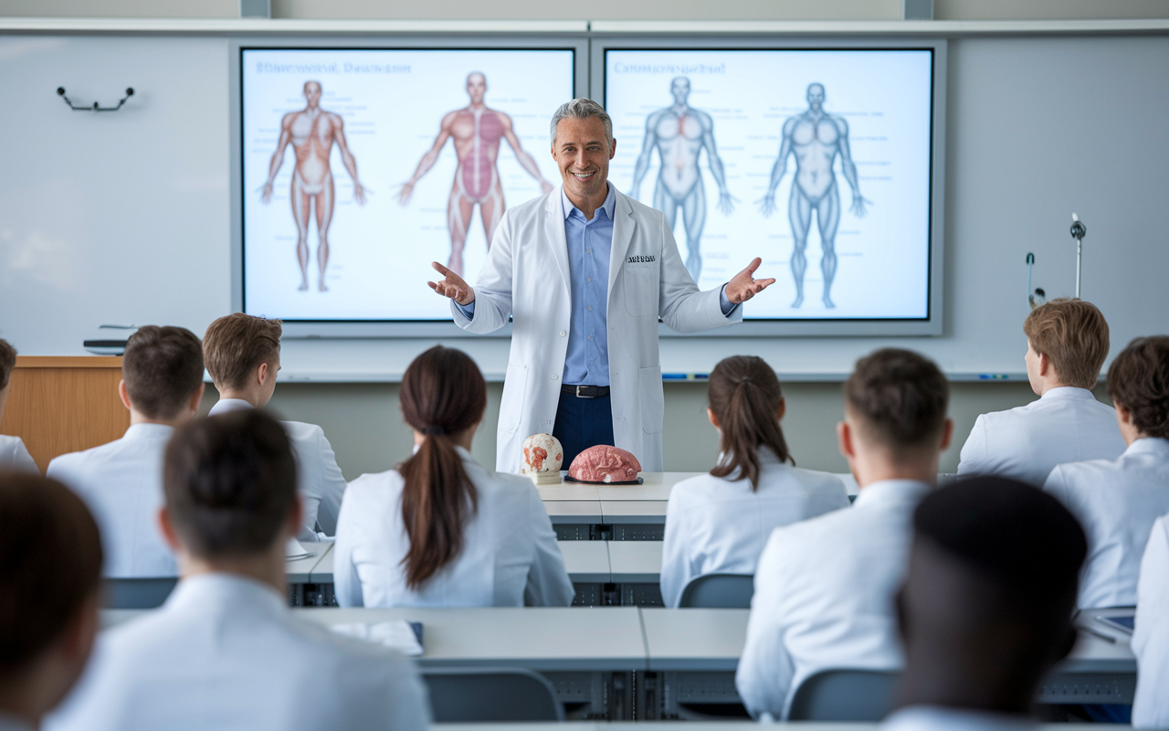 An academic physician in a lab coat, standing in front of a classroom filled with eager medical students. The room is well-lit with a large whiteboard displaying complex medical diagrams. The physician is passionately explaining a topic, gesturing towards an anatomical model on the table, radiating enthusiasm and dedication to education.