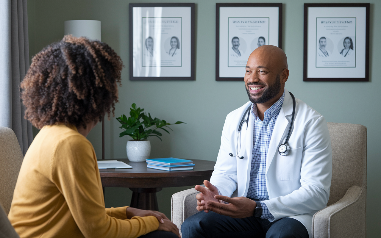 A physician in a private practice consulting room, engaging in a discussion with a patient. The room is cozy and well-decorated, with framed patient success stories on the wall and medical charts displayed prominently. The physician is dressed in business casual attire, projecting warmth and professionalism, creating a comforting environment for patient interactions.