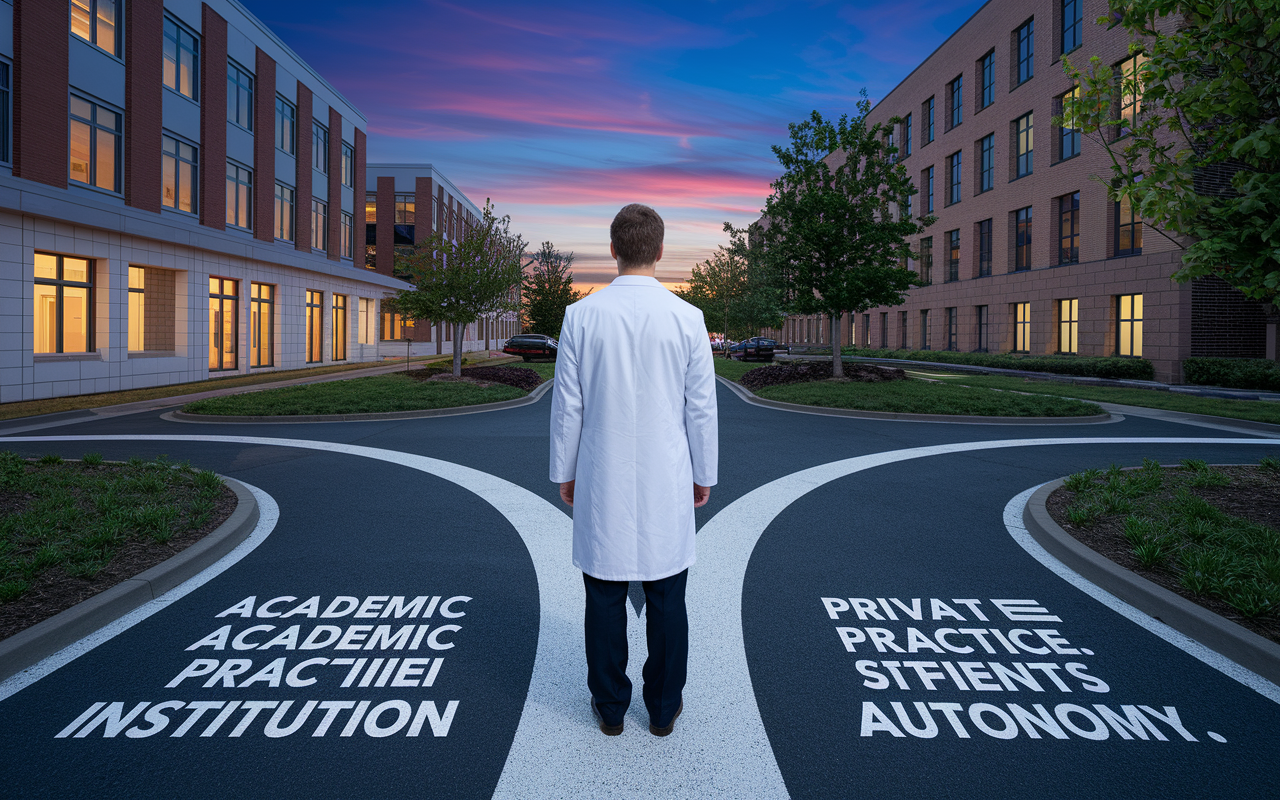 A thoughtful physician standing at a crossroads, with one path leading to an academic institution filled with books and students, and the other leading to a bustling private practice setting with happy patients and autonomy. The scene at twilight conveys a sense of contemplation and decision-making, emphasizing the interplay between academic and private practice paths.