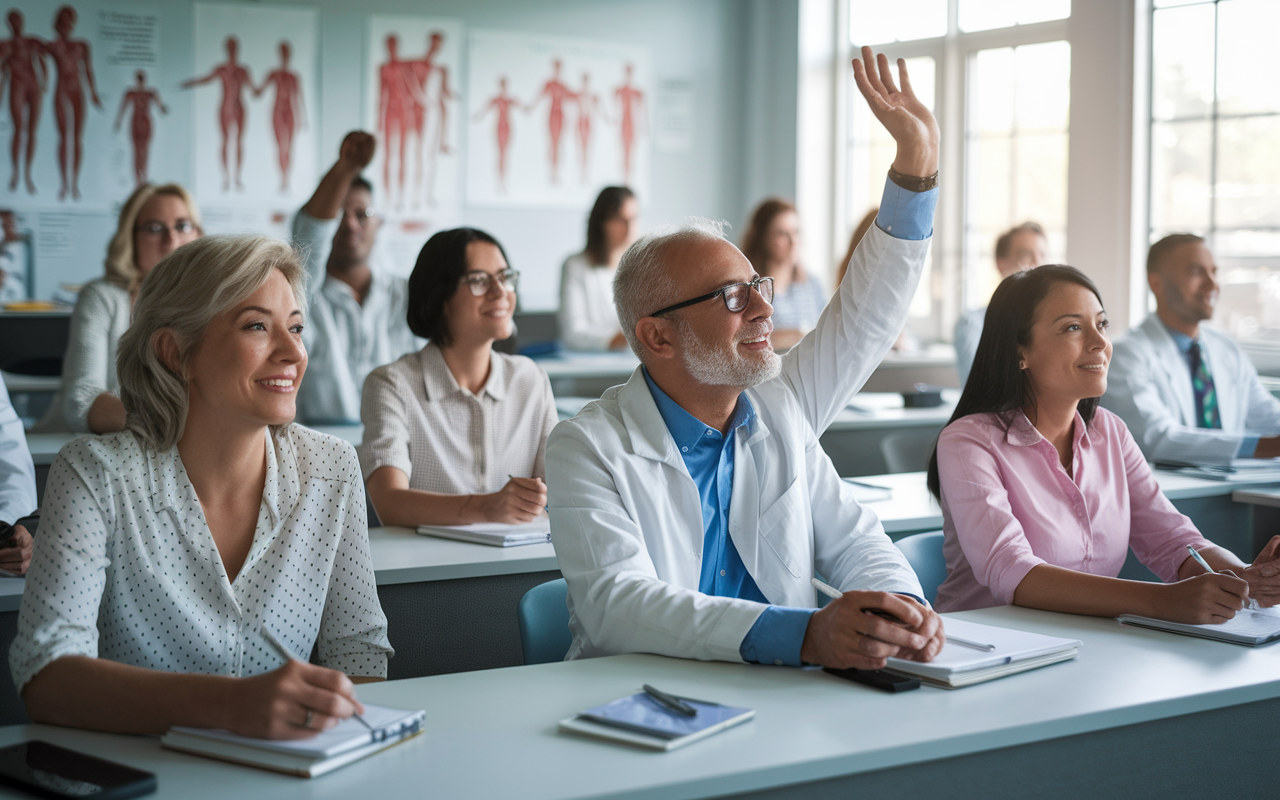 An engaging classroom scene filled with older medical students actively participating in a lecture. The atmosphere is lively, showcasing a variety of students: a 40-year-old woman taking notes, a 36-year-old man raising his hand with enthusiasm, and a 38-year-old single mother balancing studying with responsibilities. The walls are adorned with medical diagrams, and natural light filters in through large windows, creating an encouraging environment for learning. The diversity of ages symbolizes the changing landscape of medical education, filled with determination and hope.