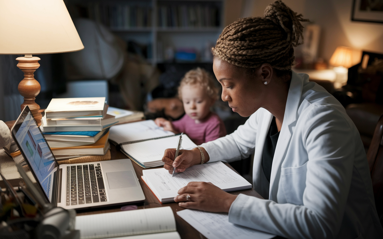 A poignant depiction of Dr. Joan Baker, a 42-year-old mother, intensely studying in a cozy home office filled with medical textbooks and notes. A warm lamp lights up her workspace, while her young child is quietly playing nearby. The scene conveys determination and multitasking, focused on her laptop where online lectures are visible. The surrounding clutter of parenting and studying highlights her commitment and resilience, capturing the essence of someone transitioning careers while juggling personal responsibilities.