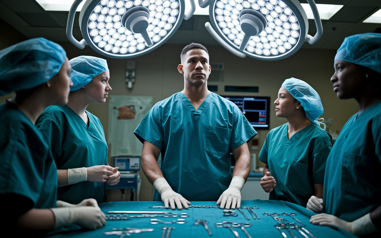 An impactful scene of Dr. Michael Roberts, a 36-year-old army veteran now in surgical scrubs, standing confidently in an operating room filled with advanced medical equipment. His focused expression conveys dedication as he interacts with a diverse team of medical professionals. The bright overhead lights illuminate the clinical environment while emphasizing the teamwork essential in trauma surgery. This dynamic scene highlights his journey from soldier to caregiver, embodying resilience and commitment to making a meaningful impact.