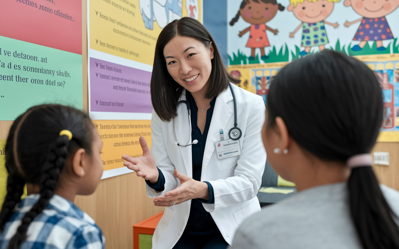 A heartwarming moment of Dr. Amy Zhao, a 40-year-old former science teacher, engaged in a conversation with a child and their parent in a community clinic. Dressed in a white coat, she is patiently explaining a health concept with big visual charts in the background. The environment is warm and inviting, with the colorful artwork of children on the walls. This scene showcases her nurturing approach and ability to connect with patients, bridging her teaching skills to her new role in medicine.