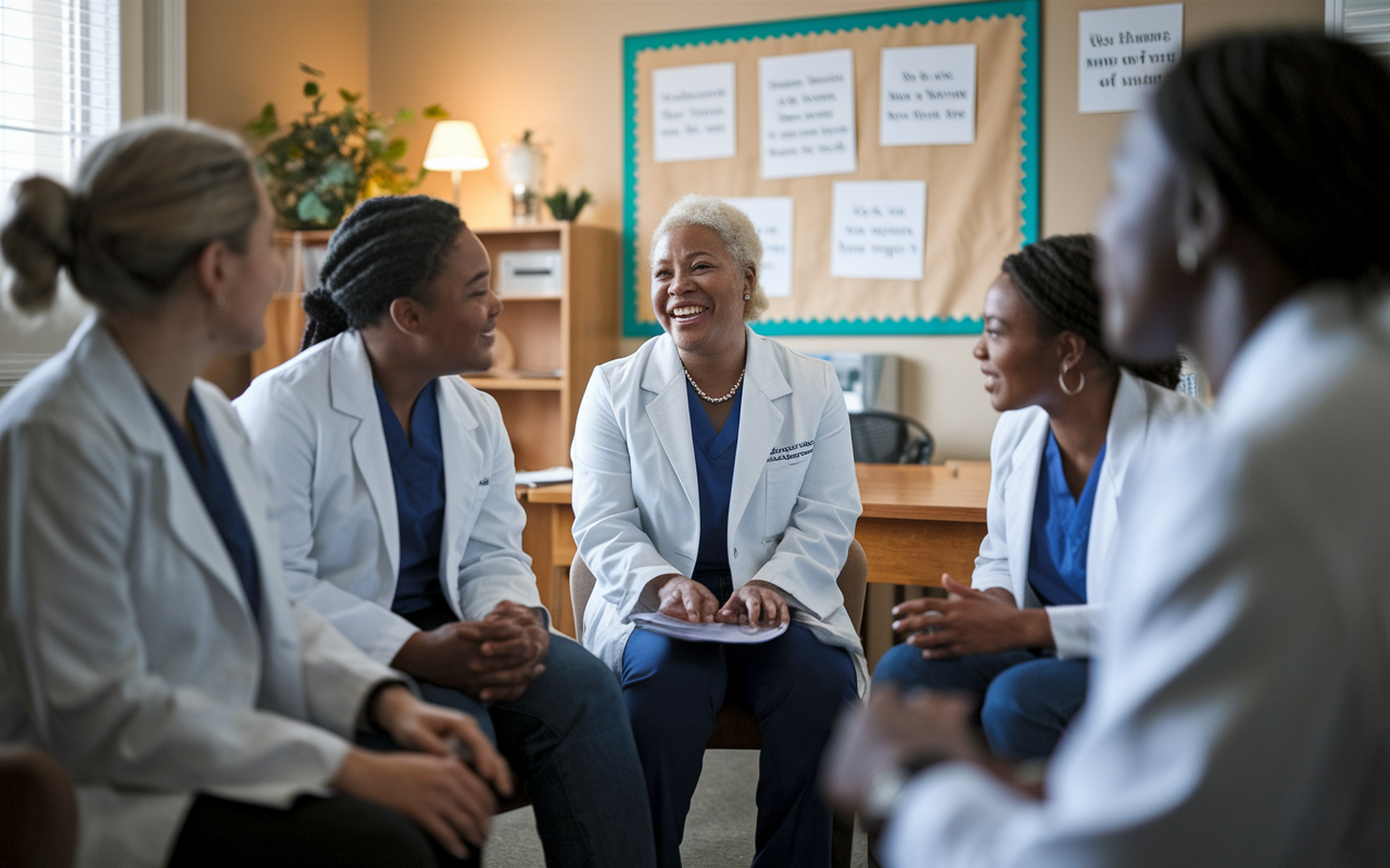 An intimate scene of older medical students participating in a support group in a cozy classroom. The students are sharing their personal experiences, laughter, and tears in a supportive circle. The focus is on an older woman speaking with passion, while others listen attentively, showcasing deep connection and understanding. The setting is warm, with soft lighting and a bulletin board filled with inspirational quotes, symbolizing emotional resilience and camaraderie.