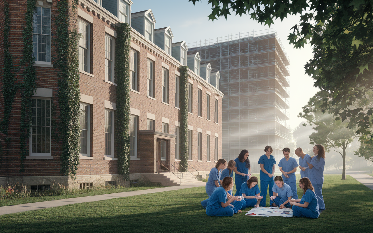 A serene image of an old medical school building, rich in historical architecture with ivy climbing the brick walls, juxtaposed with a modern teaching hospital under construction beside it. A diverse group of students in scrubs collaborate on a project outdoors, reflecting a blend of tradition and innovation. Soft morning light bathes the scene, symbolizing new beginnings in academic medicine. The atmosphere is filled with hope and change, capturing the essence of evolving healthcare education.