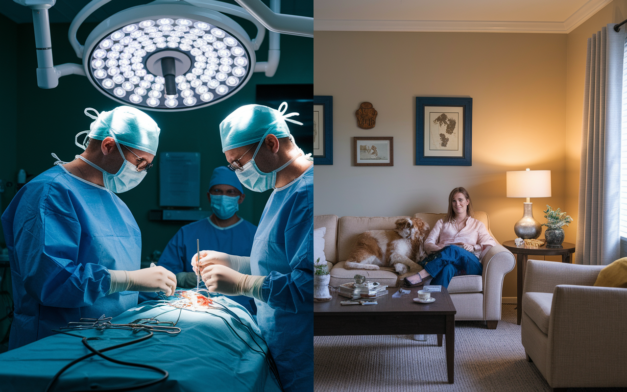 A split-scene image depicting the life of an academic physician. On one side, a physician in a busy teaching hospital engaged in a complex surgery with focused colleagues, under harsh surgical lights, showcasing intense dedication. On the other side, the same physician at home, relaxing in a cozy living room, enjoying a moment of peace with family and a pet, surrounded by personal artifacts and a soft glow from a lamp. This contrast highlights the challenge of achieving work-life balance.