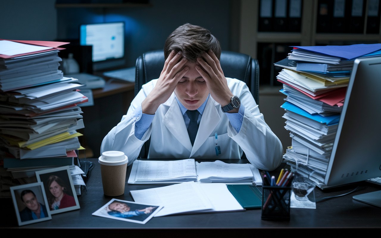 An intense scene inside an academic office where a young male physician is shown overwhelmed by paperwork piled high on his desk, with a computer screen displaying unread emails and an empty coffee cup beside it. The room is dimly lit, with tired eyes reflecting his stress, capturing the essence of burnout in the academic medicine environment. Small personal touches like family photos on the desk contrast with the overwhelming workload, highlighting the toll of the profession on personal life.