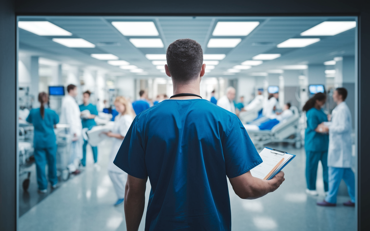 A physician in scrubs, standing in front of a busy hospital, holding a clipboard and looking attentively at the bustling emergency room in the background. Various medical personnel move about, ensuring patients receive care. The scene is animated with a sense of urgency under bright hospital lights, highlighting the dynamic nature of locum tenens work.