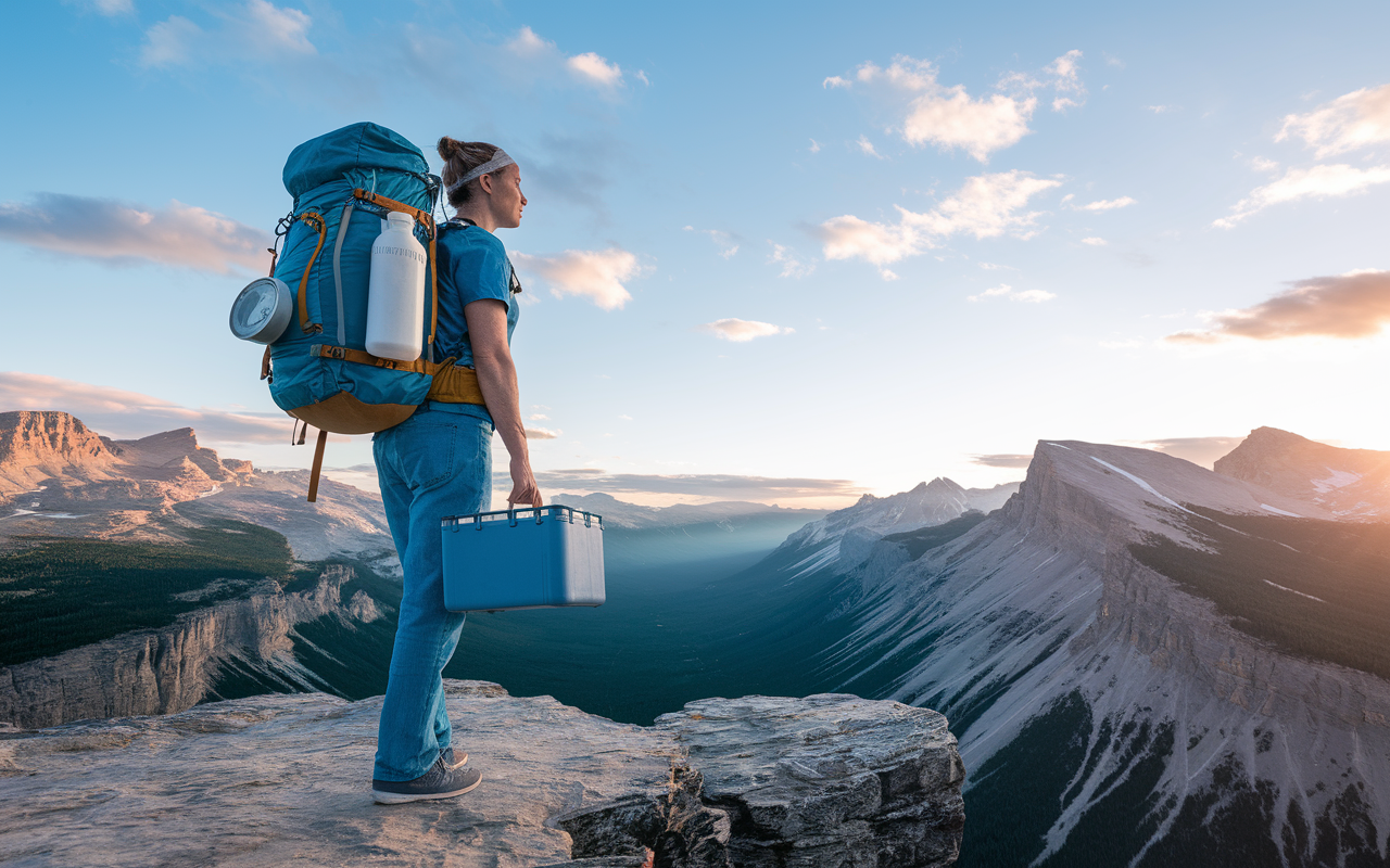 An adventurous healthcare provider—wearing a backpack and carrying medical supplies—stands on a cliff overlooking a stunning landscape with mountains and a clear sky. The scene conveys the excitement of traveling for locum tenens opportunities, with a sense of freedom and exploration. The sun is setting, casting warm hues over the landscape, emphasizing the beauty of the journey.