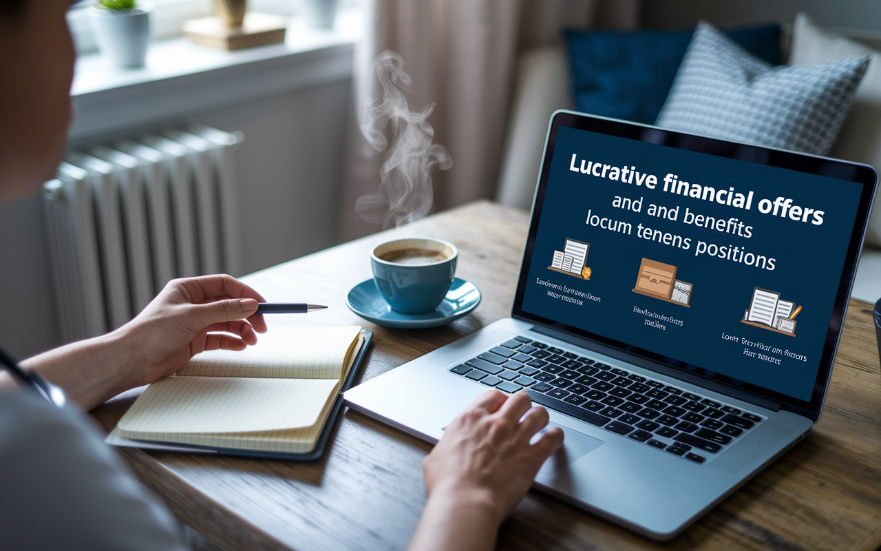 A healthcare professional at a desk in a cozy home office, reviewing a laptop screen displaying lucrative financial offers and benefits associated with locum tenens positions. A notebook filled with notes is open beside them with a cup of coffee steaming. The setting is adorned with personal touches, reflecting a blend of work and personal life, symbolizing the balance achievable through locum tenens.