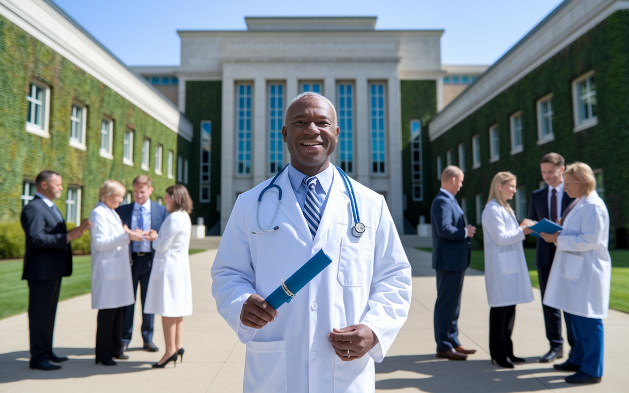 A distinguished medical professional standing in front of a large academic institution, surrounded by fellow colleagues engaged in a conversation. The building is modern and inspiring, adorned with ivy, symbolizing the prestige of academic achievements. The physician holds a diploma in hand with a proud expression, emphasizing the importance of education. The sunlight shines brightly, symbolizing hope and future opportunities.