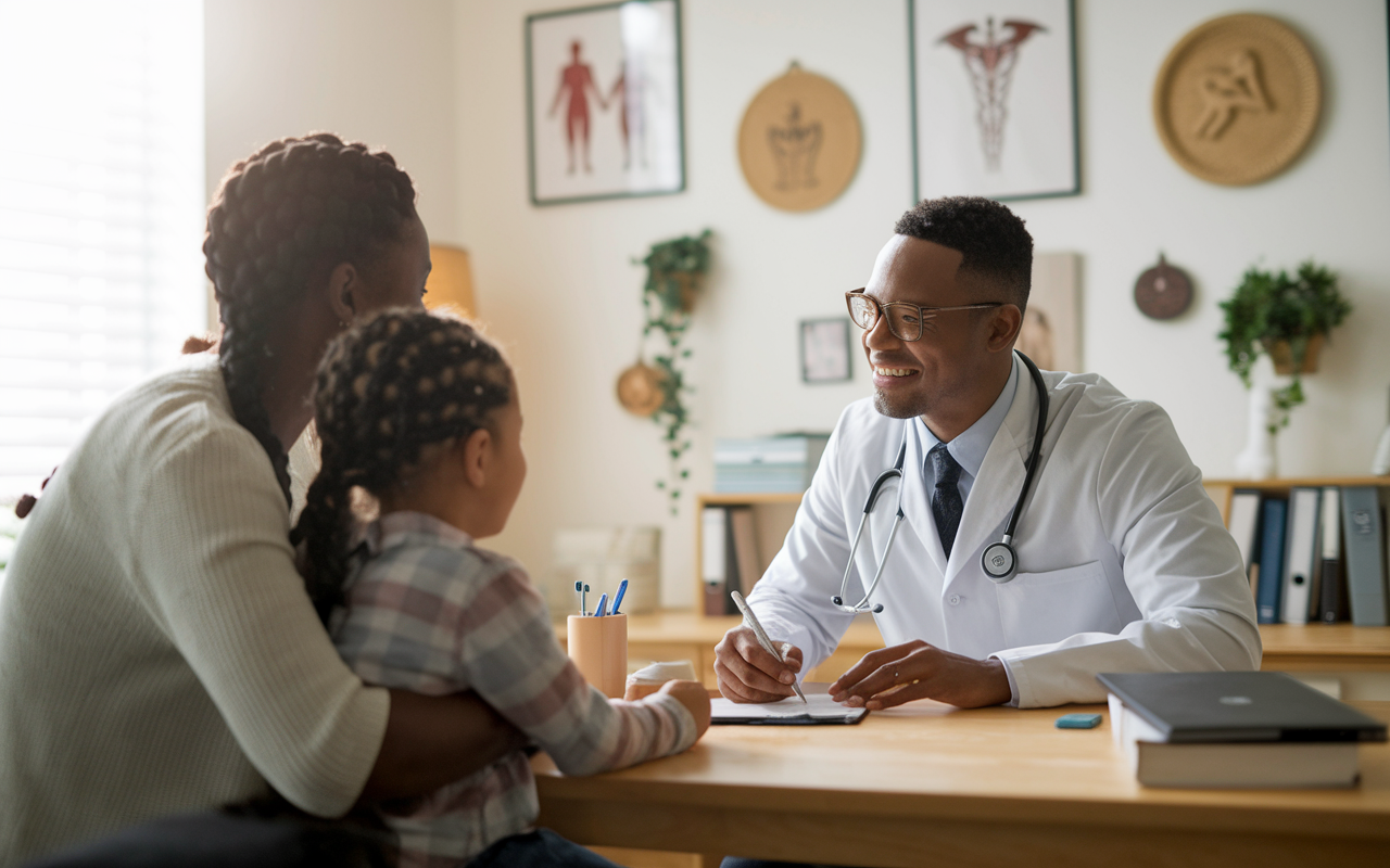 A warm, inviting private medical office filled with natural light, showing a physician engaging with a young patient and their parent. The doctor is smiling, listening attentively while taking notes, highlighting the personal relationships formed in private practice. Cozy furnishings and health-related decorations on walls create an atmosphere of comfort and trust.