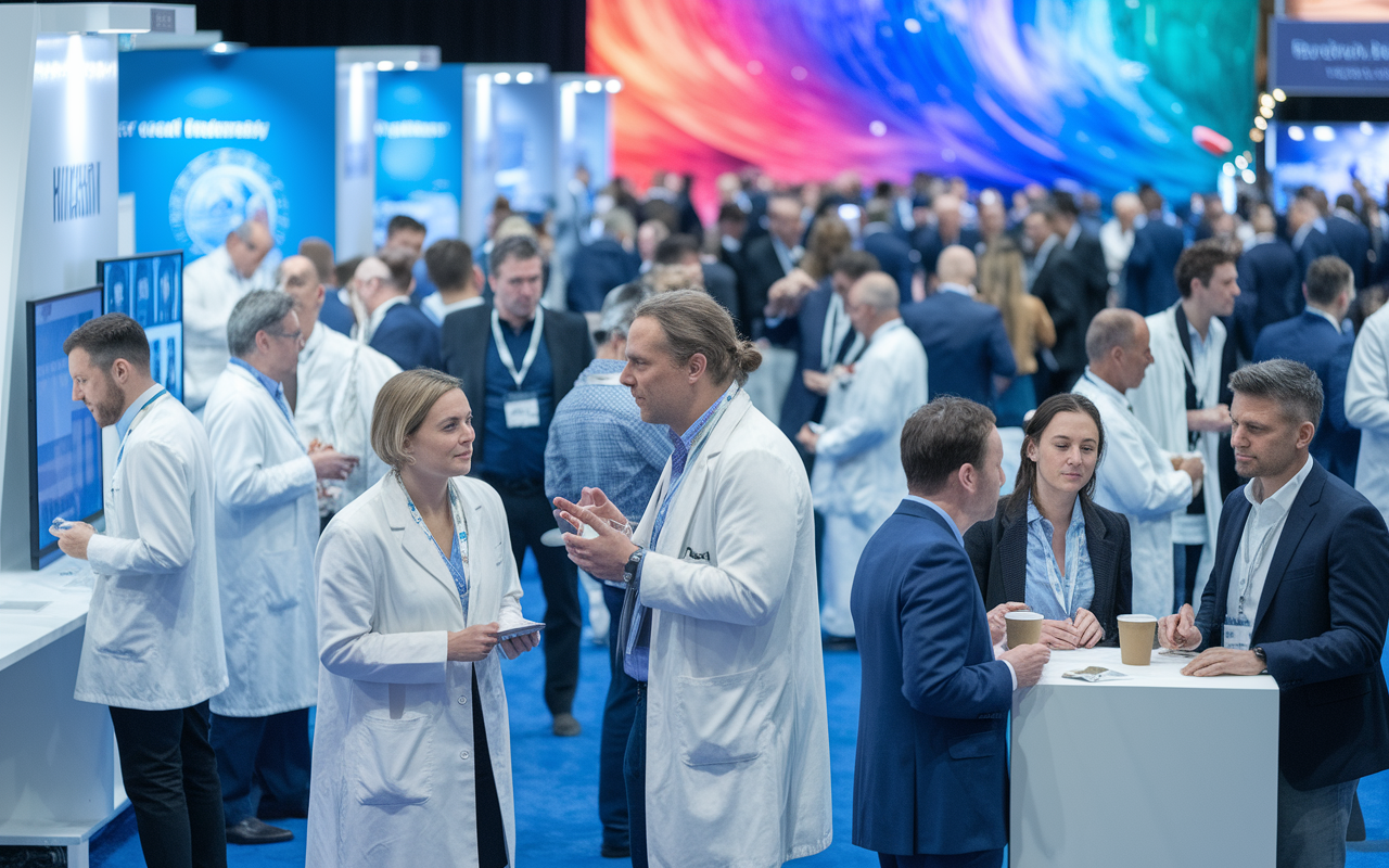 A bustling medical conference scene, showcasing a diverse group of physicians networking. Some engaging in discussions near booths displaying innovative medical technology, others exchanging ideas over coffee in a relaxed setting. The atmosphere is lively, filled with bright colors and inspiring backdrops, reflecting a spirit of collaboration and knowledge sharing.