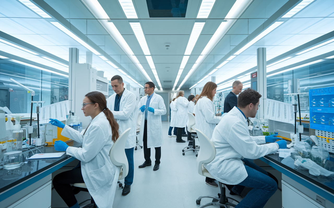 A dynamic research lab scene in an academic medical facility with diverse researchers immersed in experimentation. A bright, modern environment with advanced medical equipment, charts displaying groundbreaking findings, and researchers exchanging ideas, all immersed in a collaborative atmosphere. Soft overhead lights enhance the sense of innovation and determination.