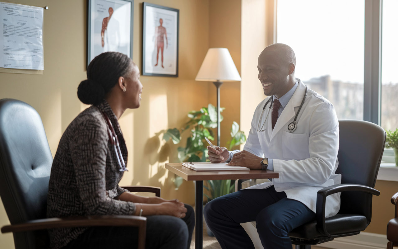 A warm scene depicting a physician and a patient engaged in a friendly consultation within a private practice clinic. The office features a comfortable chair, medical charts on the walls, and natural light pouring in through a window. The doctor, in a white coat, smiles and takes notes while the patient shares concerns, highlighting the personalized care and strong patient-physician relationship in private practice.